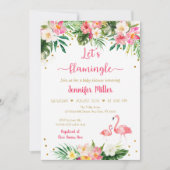 フラミンゴピンク金ゴールド熱帯フローラ赤ちゃんシャワー 招待状 (正面)