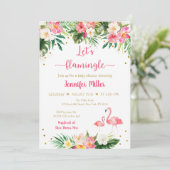 フラミンゴピンク金ゴールド熱帯フローラ赤ちゃんシャワー 招待状 (スタンド正面)