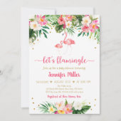 フラミンゴピンク金ゴールド熱帯フローラ赤ちゃんシャワー 招待状 (正面)