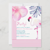 フラミンゴピンク&ホワイトストライプバースデーパーティー 招待状 (正面)