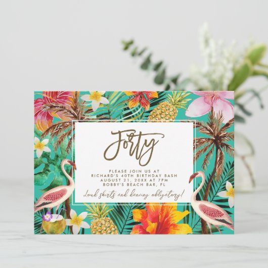 フラミンゴファンキートロピカル40歳の誕生日の招待状 サンキューカード (スタンド正面)