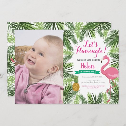 フラミンゴファースト誕生日招待状ガール 招待状 (正面/裏面)
