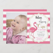 フラミンゴファースト誕生日招待状ガール 招待状 (正面/裏面)