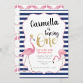 フラミンゴファースト誕生日招待状ネービストライプー 招待状 (正面/裏面)