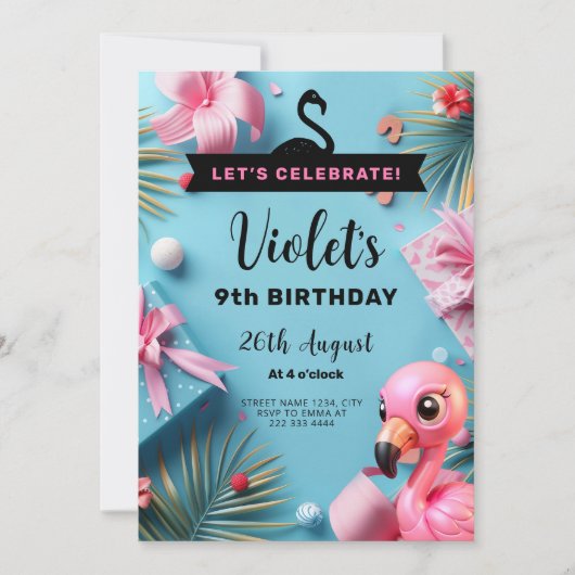 フラミンゴフィエスタトロピカル誕生祝い 招待状 (正面)