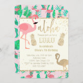 フラミンゴフェイクアート金ゴールドフォイルルアウ（ハワイ式宴会）パーティー 招待状 (正面/裏面)