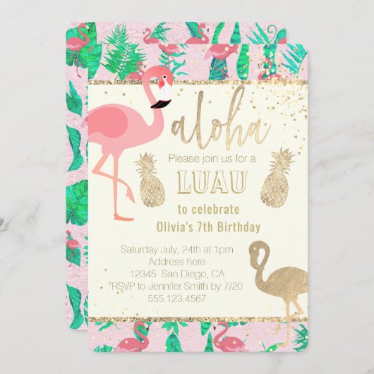フラミンゴフェイクアート金ゴールドフォイルルアウ（ハワイ式宴会）パーティー 招待状 (正面/裏面)