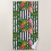 フラミンゴフラワーズハイビスカス白黒ストライプ ビーチタオル (正面)