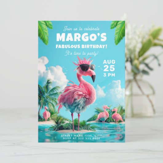 フラミンゴフロックビーチパーティー壮大な誕生日 招待状 (スタンド正面)