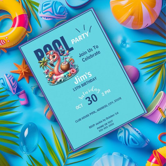 フラミンゴフローティンプール誕生日パーティー 招待状