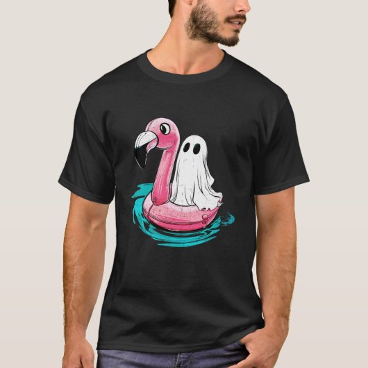 フラミンゴフロートに乗る幽霊のハロウィン夏デザイン Tシャツ (正面)
