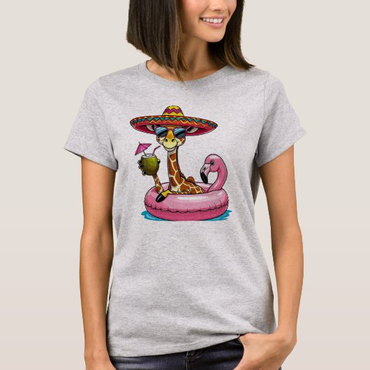 フラミンゴフロートの上のキリン Tシャツ (正面)
