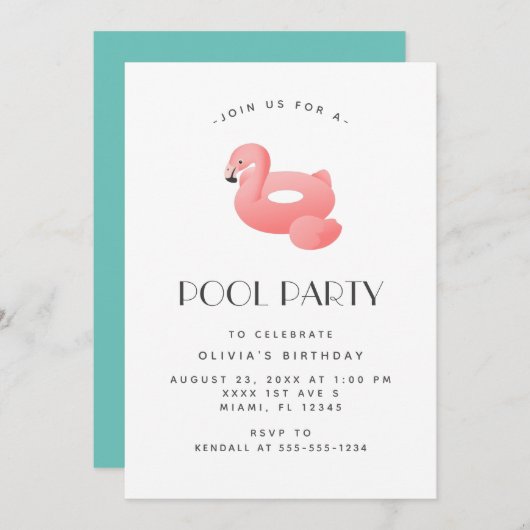 フラミンゴフロートプールパーティー誕生日 招待状 (正面/裏面)