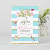 フラミンゴフローラブルーストライプベビーシャワー 招待状 (スタンド正面)