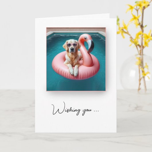 フラミンゴプールのおもちゃ誕生日ユーモアに浮かぶ犬 カード (黄色い花)