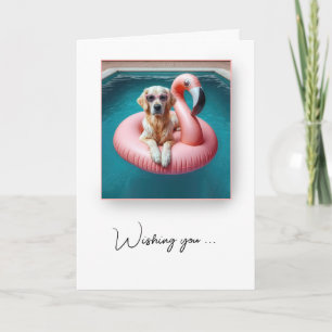 フラミンゴプールのおもちゃ誕生日ユーモアに浮かぶ犬 カード