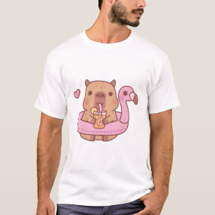 フラミンゴプールの夏のフロートでかわいいカピバラ Tシャツ