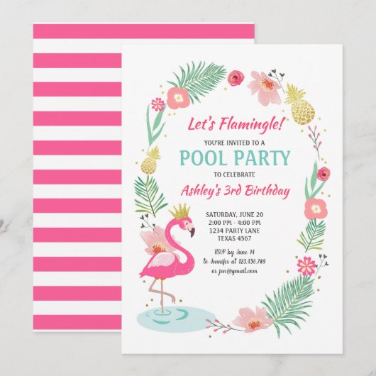 フラミンゴプールパーティの招待状トロピカル誕生日 招待状 (正面/裏面)