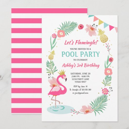 フラミンゴプールパーティの招待状トロピカル誕生日 招待状 (正面/裏面)