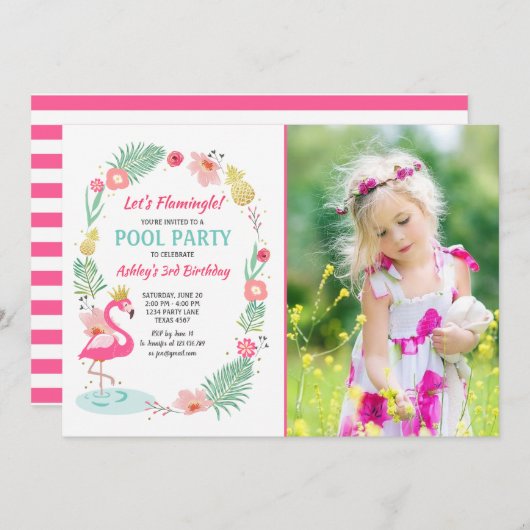 フラミンゴプールパーティの招待状トロピカル誕生日 招待状 (正面/裏面)