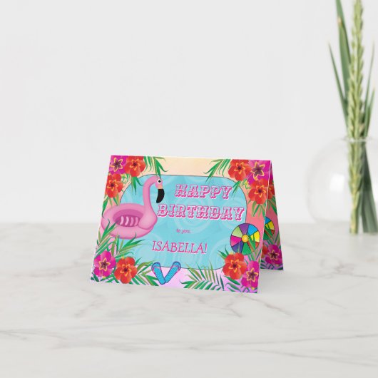 フラミンゴプールパーティーピンクハッピーバースデー カード (正面)