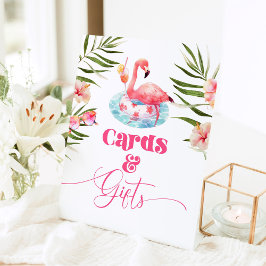 フラミンゴプール誕生日パーティーカードとギフト 台座サイン