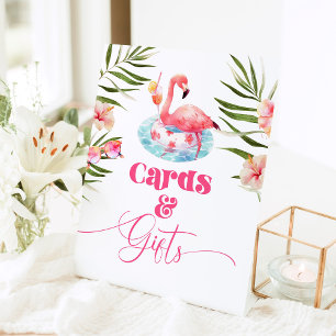 フラミンゴプール誕生日パーティーカードとギフト 台座サイン
