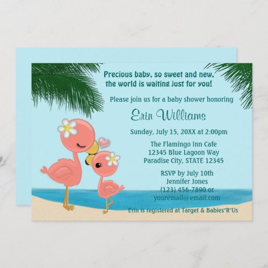 フラミンゴベビーシャワー招待ママキス 招待状 (正面/裏面)
