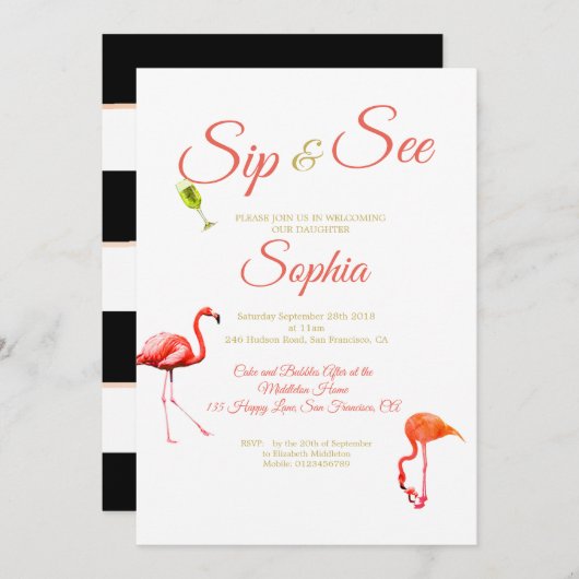 フラミンゴベビーストライプブラックSipと参照 招待状 (正面/裏面)