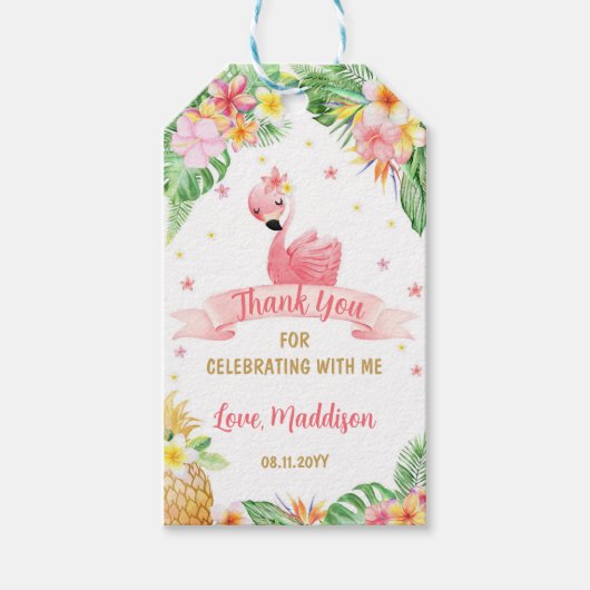 フラミンゴペネアップル熱帯誕生日ありがとう ギフトタグ (正面)