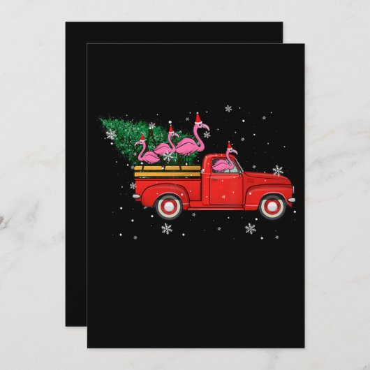 フラミンゴライディングレッドトラッククリスマスサンタハットクリスマス サンキューカード (正面/裏面)