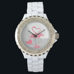 フラミンゴラブラージムーンウォッチ 腕時計<br><div class="desc">月明かりのビーチの海にハートの形のスタンドを型枠に湾曲したピンクのフラミンゴのペア。色のスタイリッシュ変化の背景を持つピンク、グレー、白の配色で作成されたレトロなtouchとロマンチックなデザイン。カスタマイズ可能なデザインで、自分の文字、画像、アイディアでパーソナライズできる。オリジナルデジタルアート画像。</div>