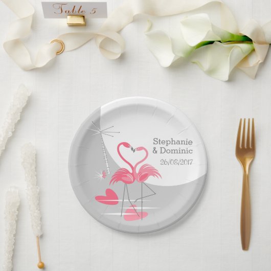 フラミンゴラブラージムーンナーズ日付紙プレート ペーパープレート (ウェディング)
