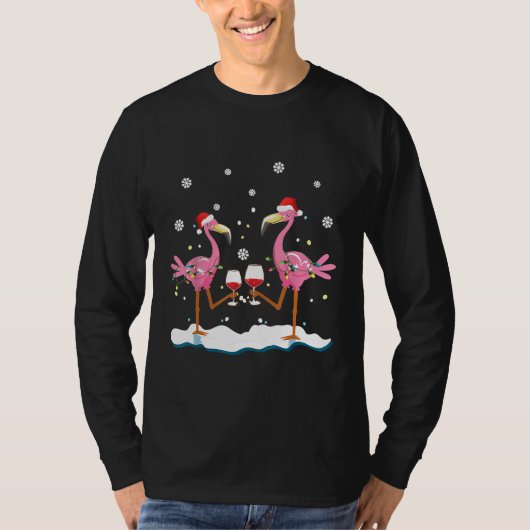 フラミンゴ一緒にワインを飲むメリークリスマスD Tシャツ (正面)