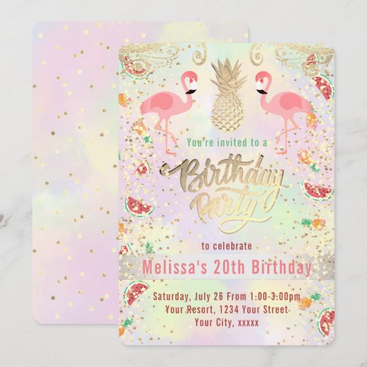 フラミンゴ夏の熱帯誕生日 招待状 (正面/裏面)