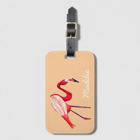フラミンゴ水彩画かわいらし画 ラゲッジタグ (正面縦)