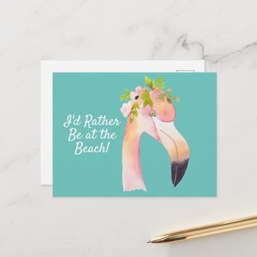 フラミンゴ水彩画 – ビーチはがき ポストカード (正面/裏面インサイチュ)