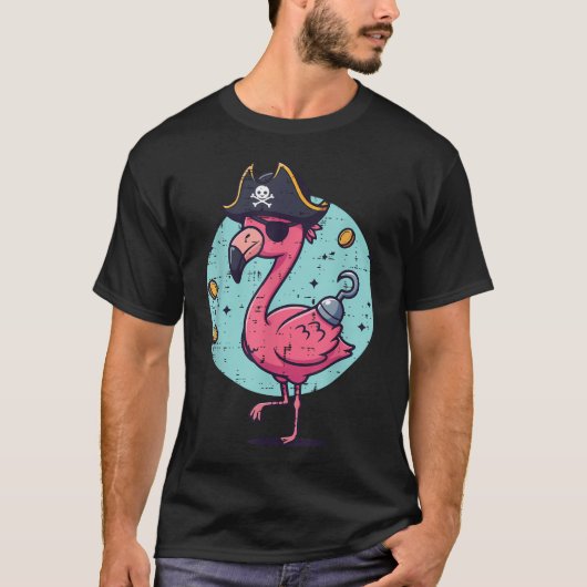 フラミンゴ海賊帽子 楽しい動物 Tシャツ (正面)