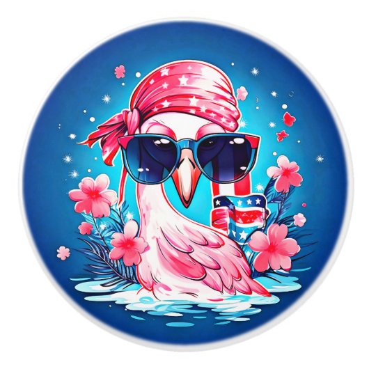 フラミンゴ漫画とアメリカ国旗–69681 セラミックノブ (正面)