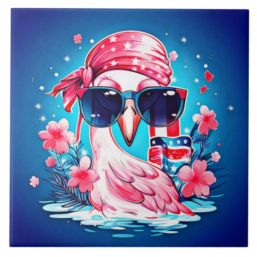 フラミンゴ漫画とアメリカ国旗–69681 タイル (正面)