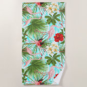 フラミンゴ熱帯の花々の葉が青い背景 ビーチタオル (正面)