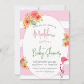 フラミンゴ熱帯の花ピンクのストライプ赤ちゃんシャワー 招待状 (正面)