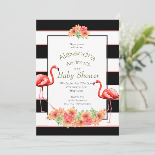 フラミンゴ熱帯の花ブラックストライプベビーシャワー 招待状 (スタンド正面)