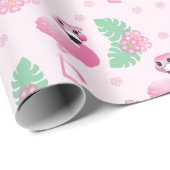 フラミンゴ熱帯の葉の花パターン淡いピンク ラッピングペーパー (ロールコーナー)