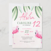 フラミンゴ熱帯アロハ子供の誕生日パーティー 招待状 (正面)