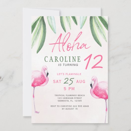 フラミンゴ熱帯アロハ子供の誕生日パーティー 招待状 (正面)