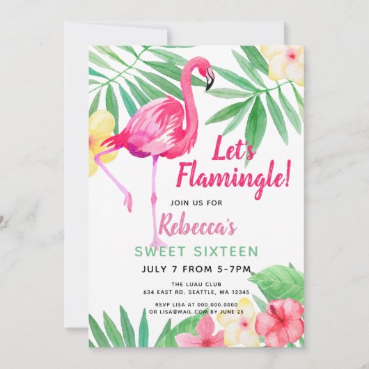 フラミンゴ熱帯バースデーパーティ招待状 招待状 (正面)