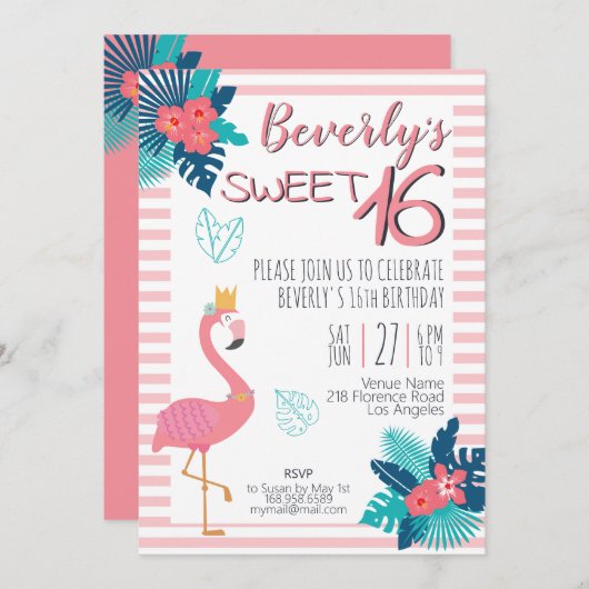 フラミンゴ熱帯ピンクとブルーのフローラ16位 招待状 (正面/裏面)