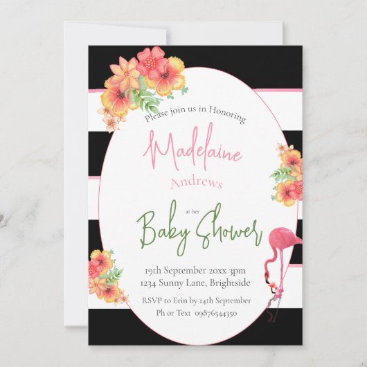 フラミンゴ熱帯ピンクの黒いストライプ赤ちゃんシャワー 招待状 (正面)
