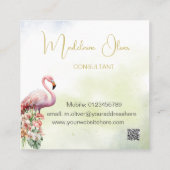 フラミンゴ熱帯植物系ブラックフローリストQR スクエア名刺 (裏面)